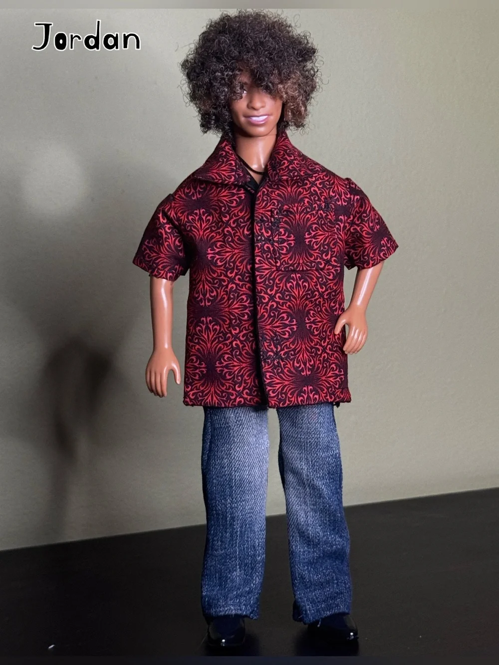 Crimson damask swirl print doll shirt lined in black